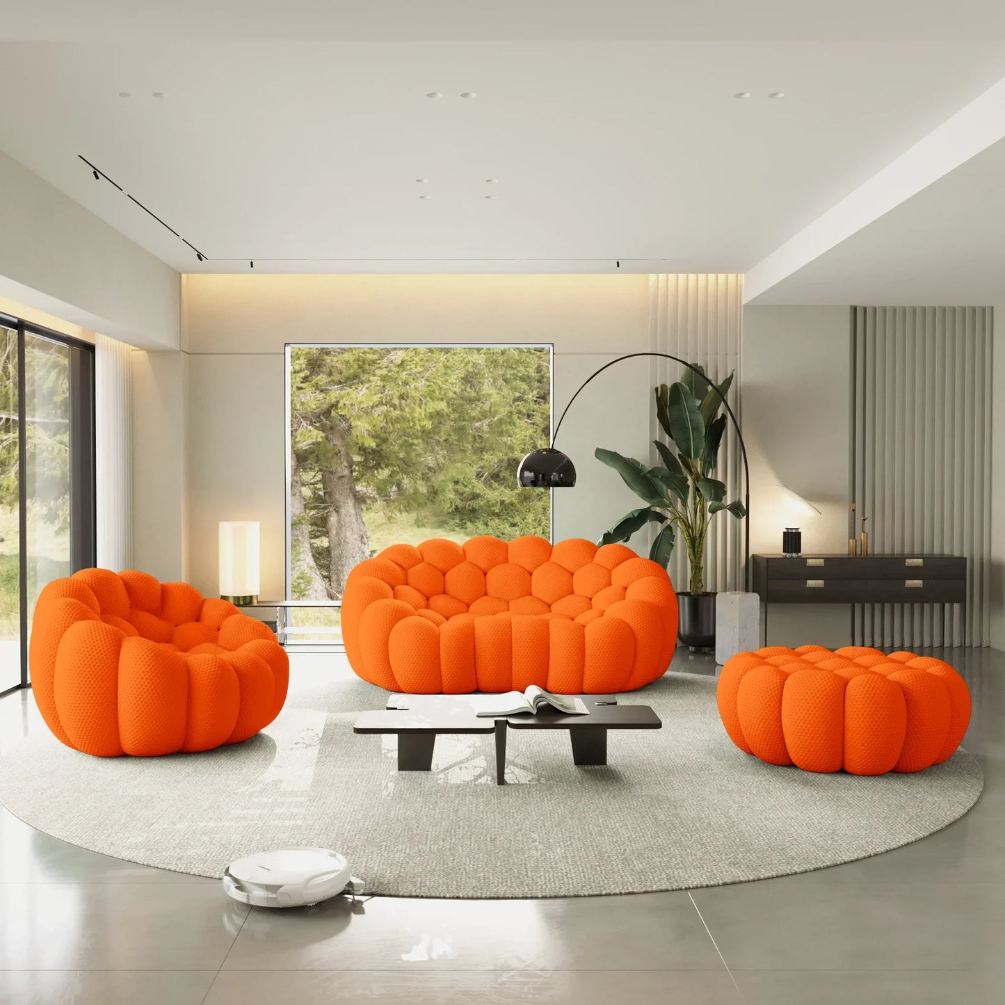 Canapé 2 Places + Fauteuil + Ottoman – Orange