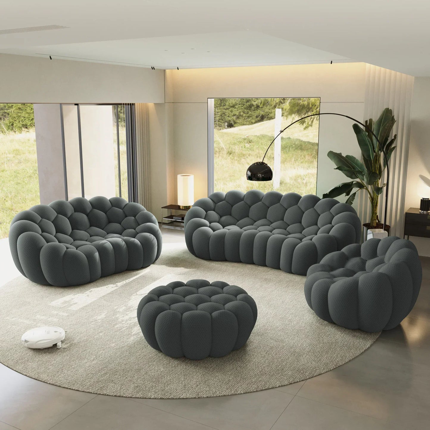 Canapé 3 Places + 2 Places + Fauteuil + Ottoman – Gris
