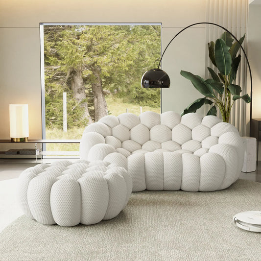 Canapé 2 Places + Ottoman – Blanc