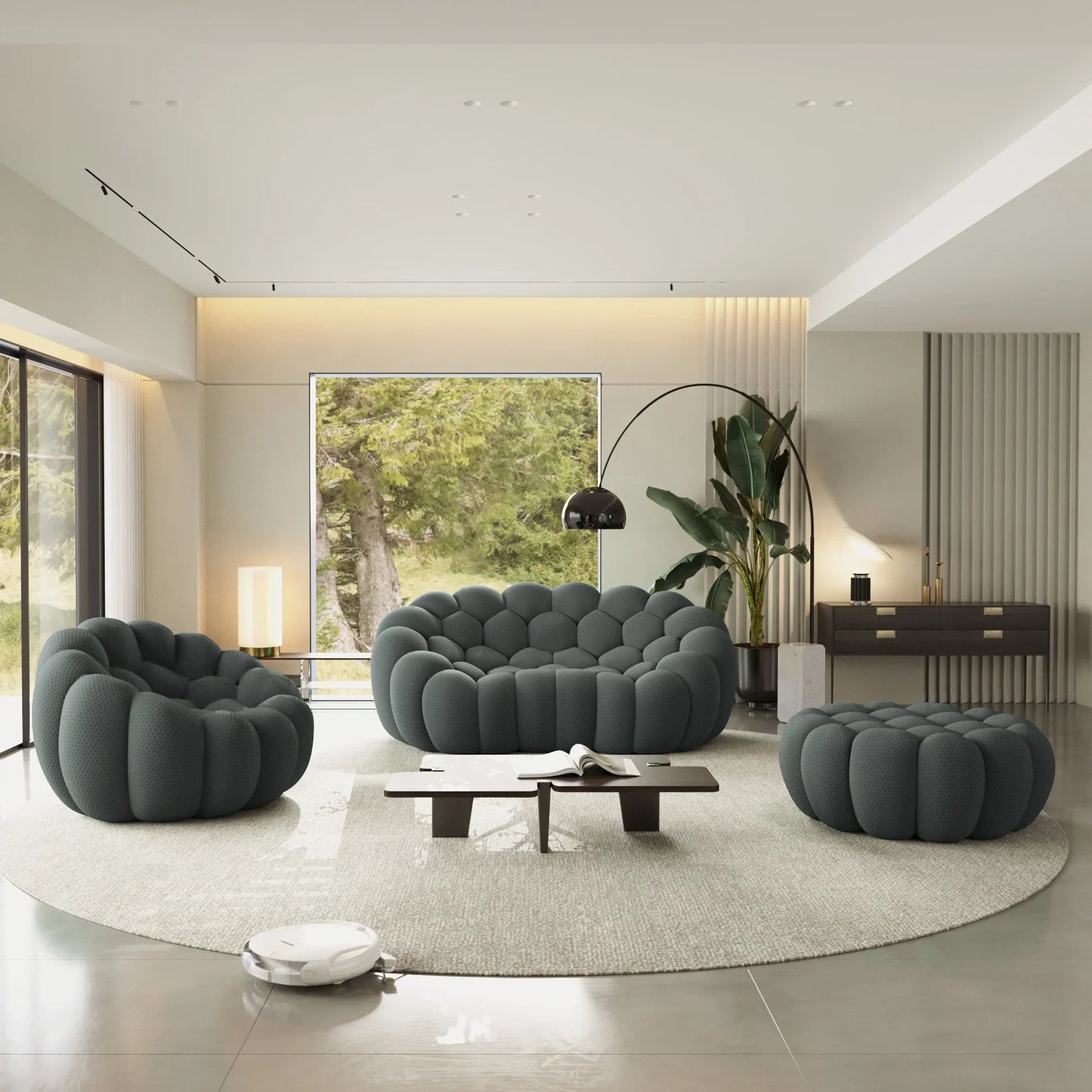 Canapé 2 Places + Fauteuil + Ottoman – Gris