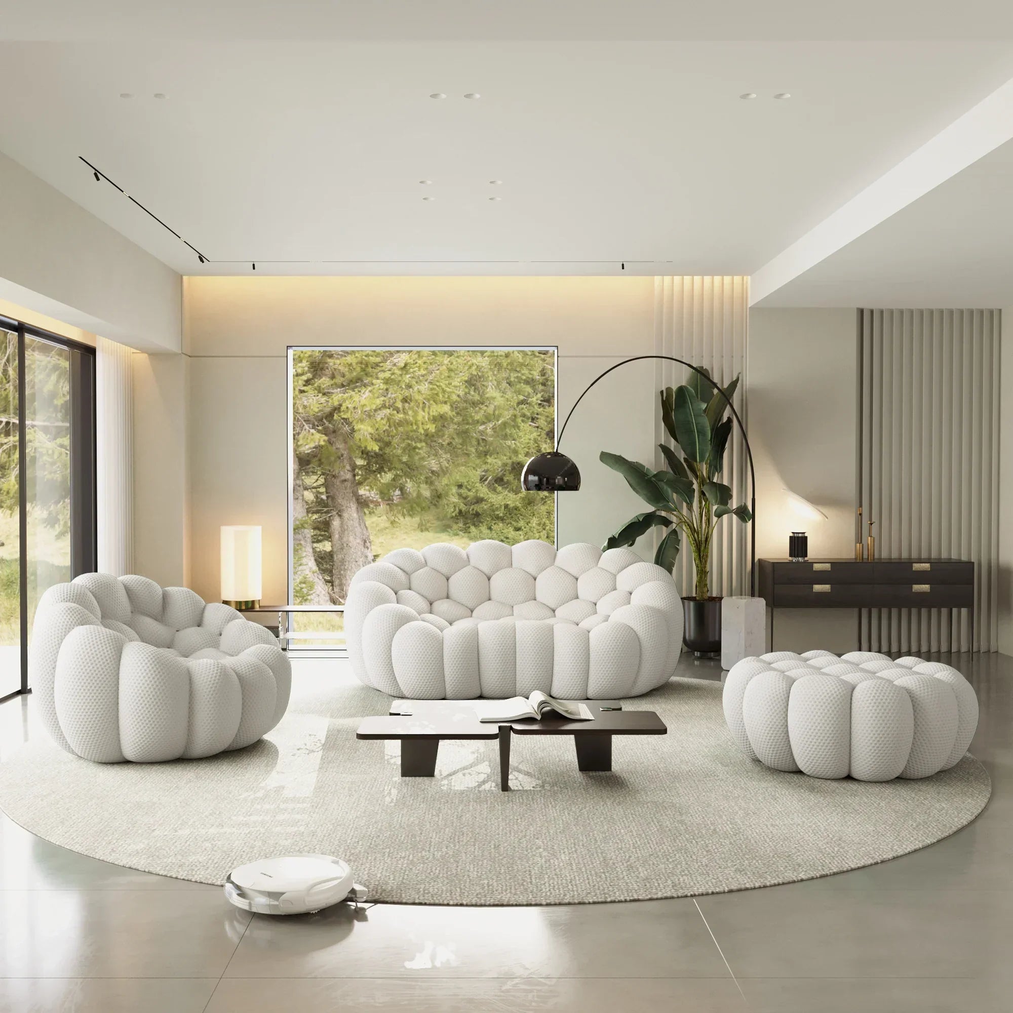 Canapé 2 Places + Fauteuil + Ottoman – Blanc