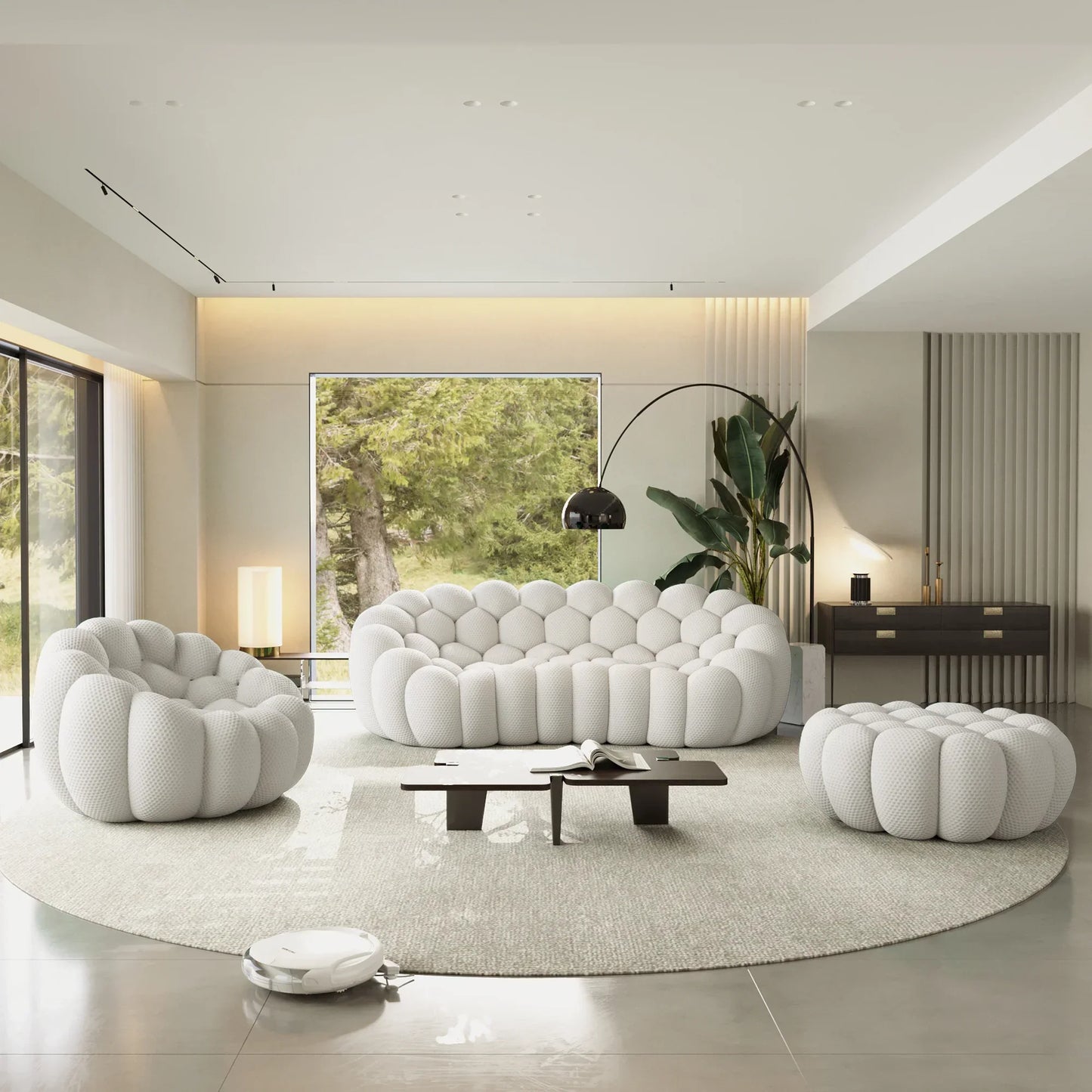 Canapé 3 Places + Fauteuil + Ottoman – Blanc