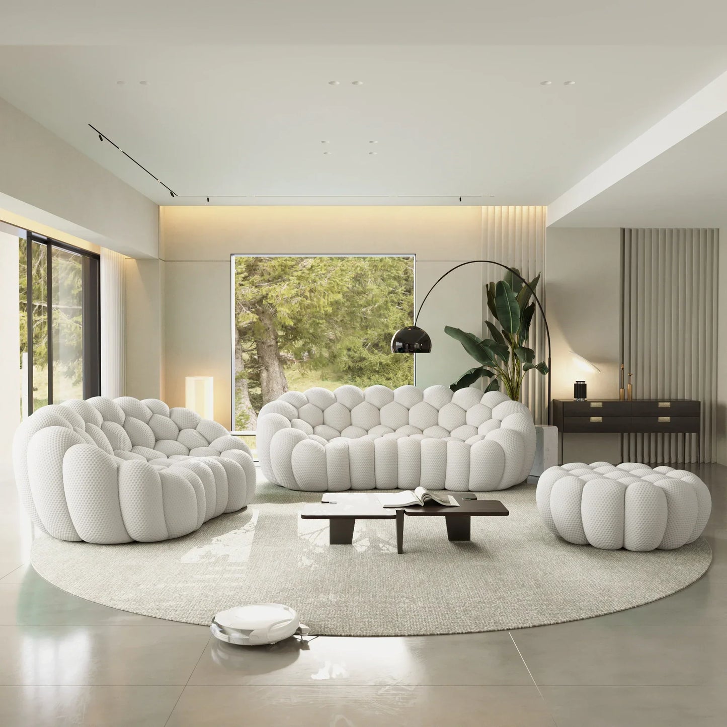 Canapé 3 Places + 2 Places + Ottoman – Blanc