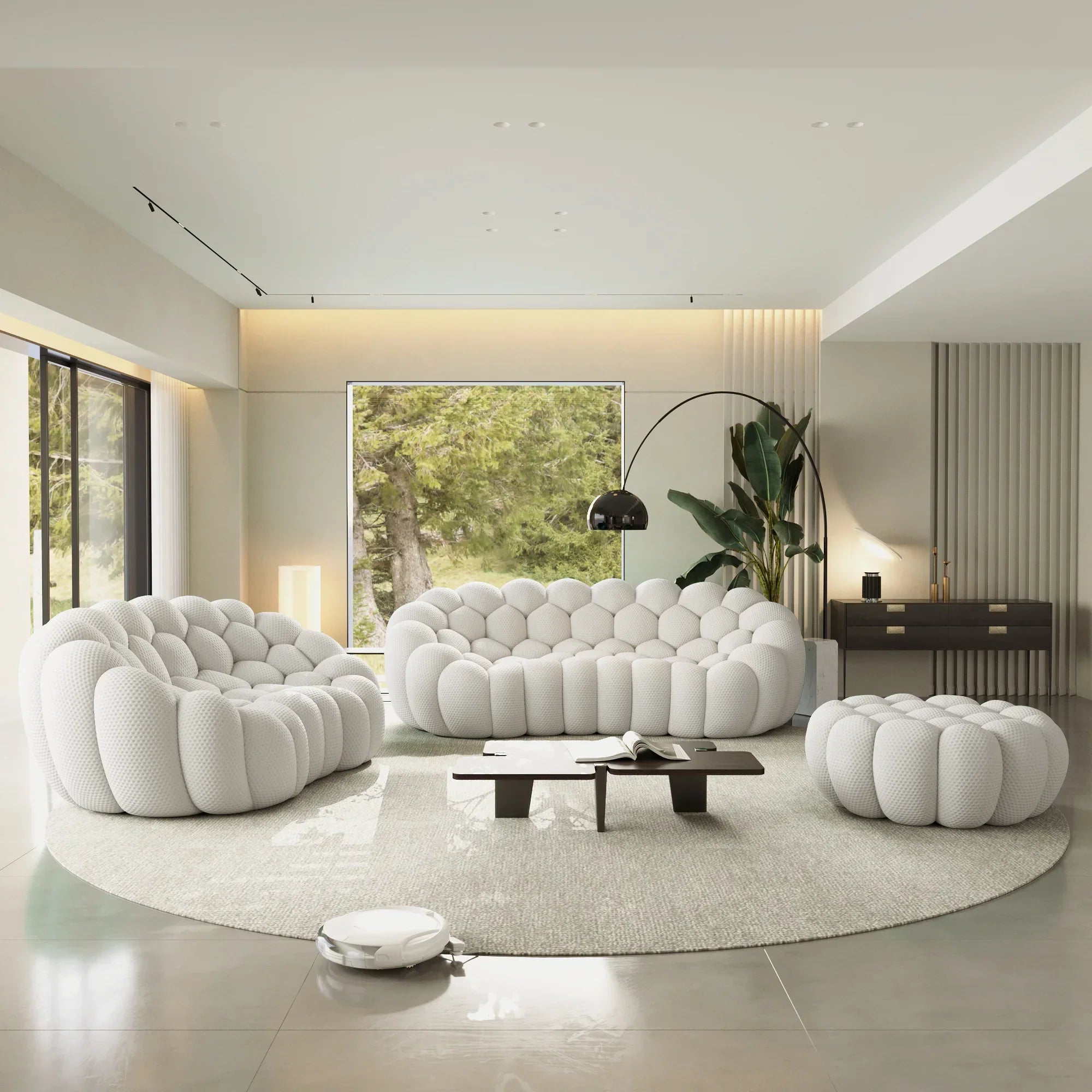 Canapé 3 Places + 2 Places + Ottoman – Blanc