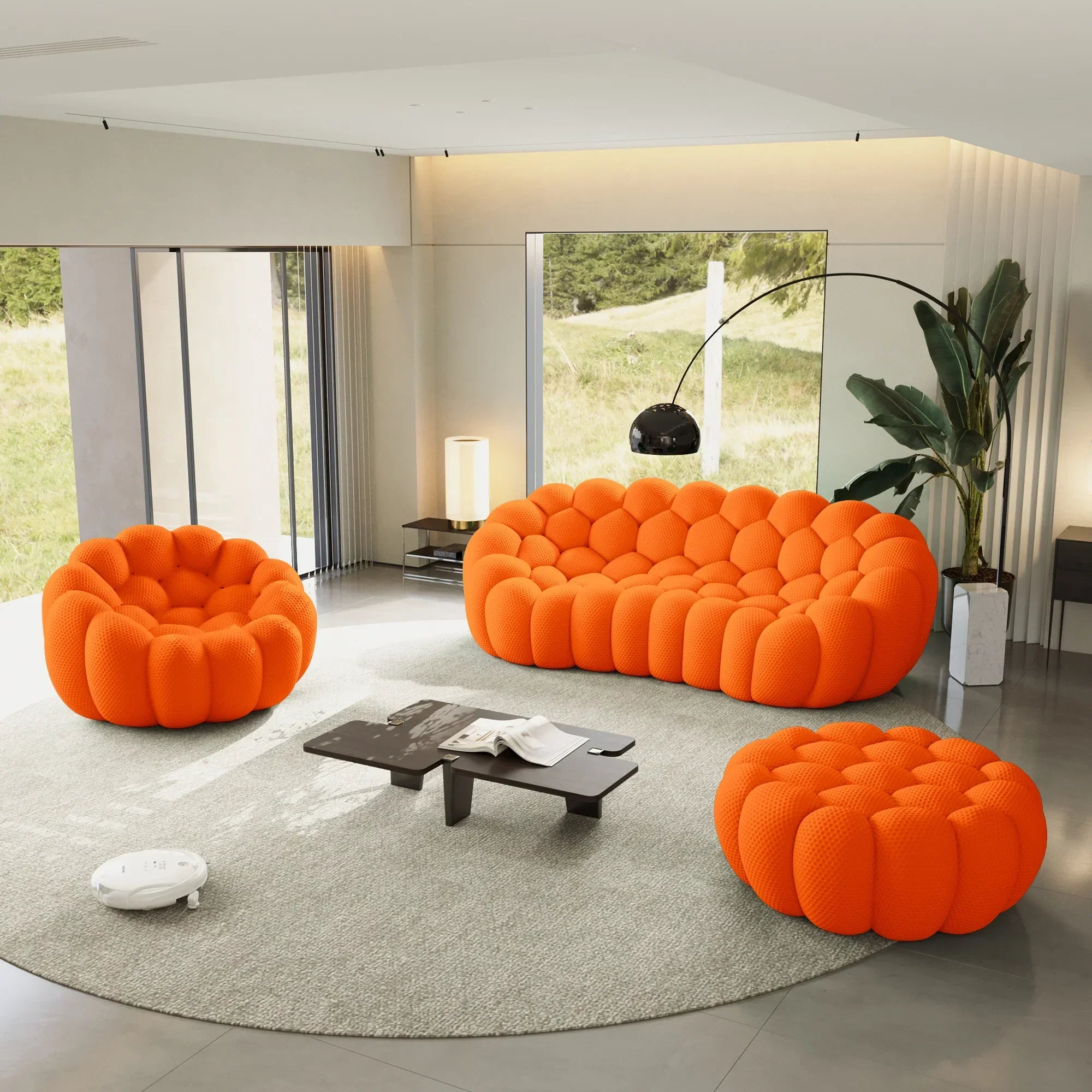 Canapé 3 Places + Fauteuil + Ottoman – Orange