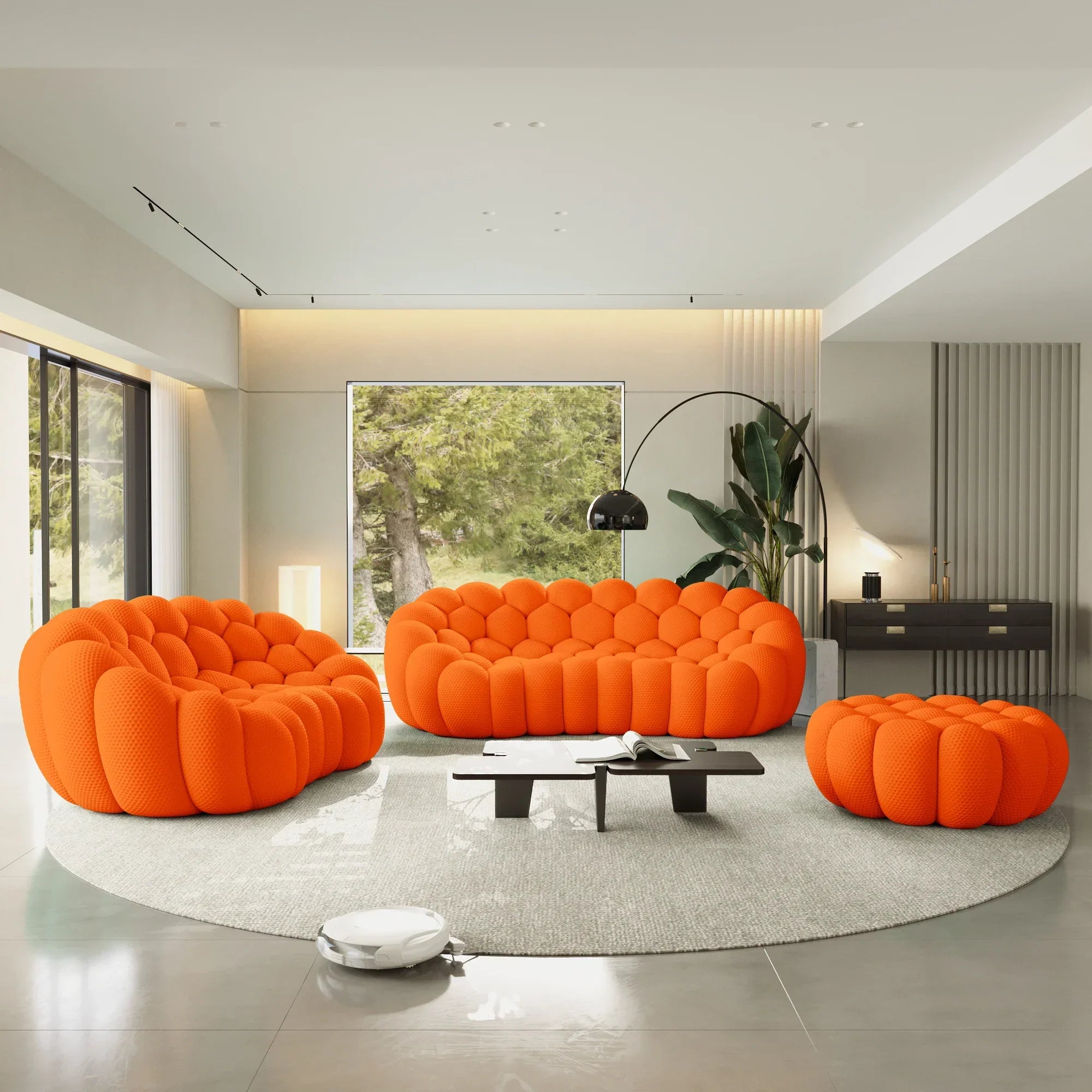 Canapé 3 Places + 2 Places + Ottoman – Orange