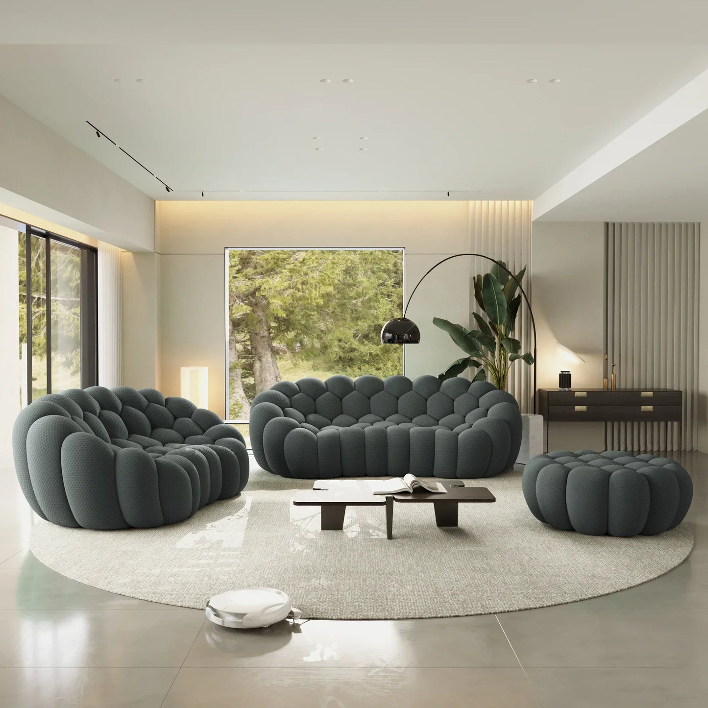 Canapé 3 Places + 2 Places + Ottoman – Gris