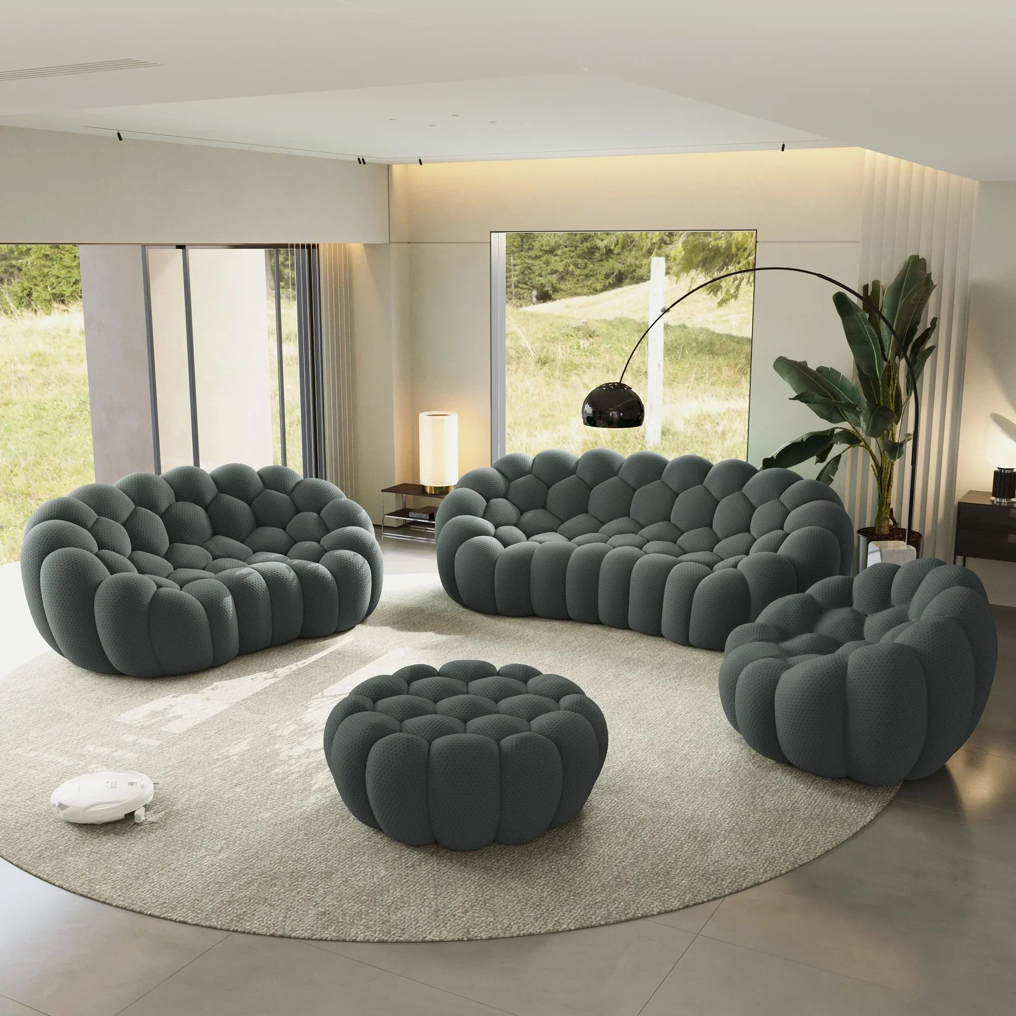 Canapé 3 Places + 2 Places + Fauteuil + Ottoman – Gris