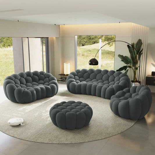 Canapé 3 Places + 2 Places + Fauteuil + Ottoman – Gris