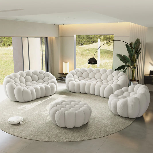 Canapé 3 Places + 2 Places + Fauteuil + Ottoman – Blanc