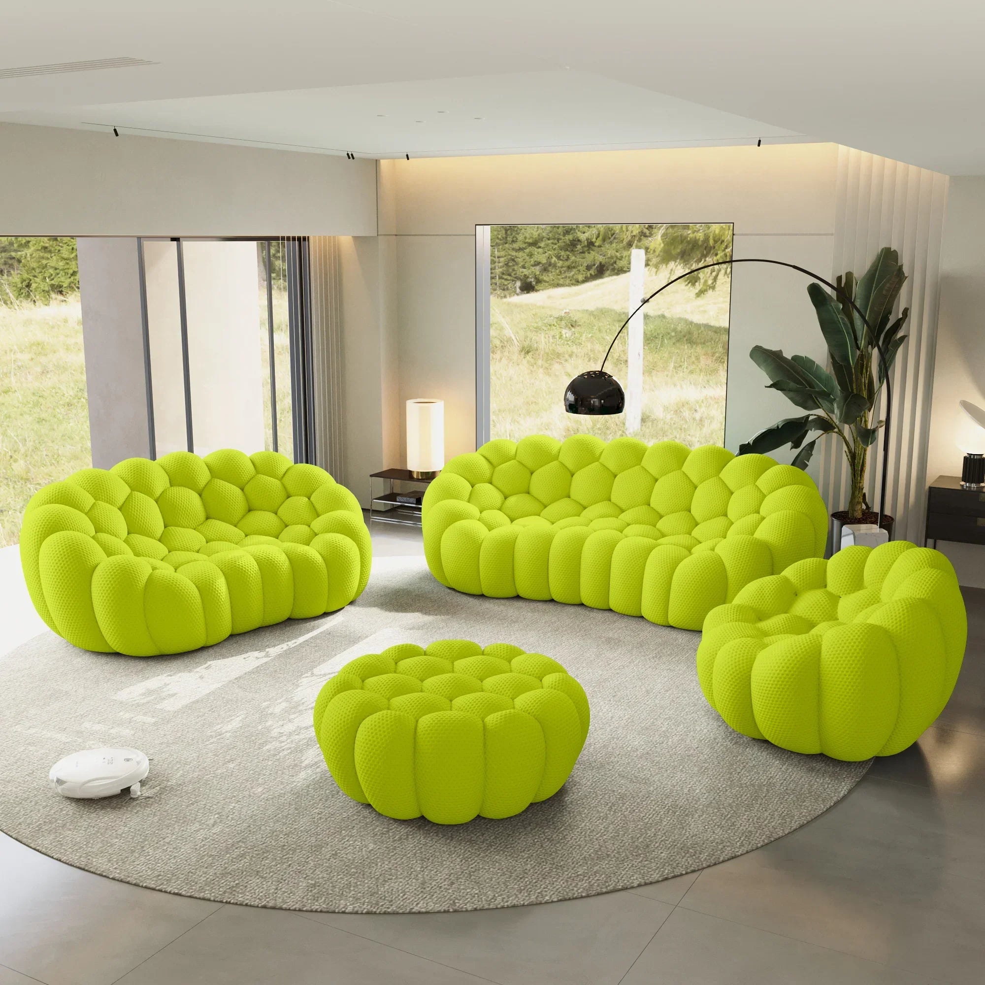 Canapé 3 Places + 2 Places + Fauteuil + Ottoman – Vert Citron