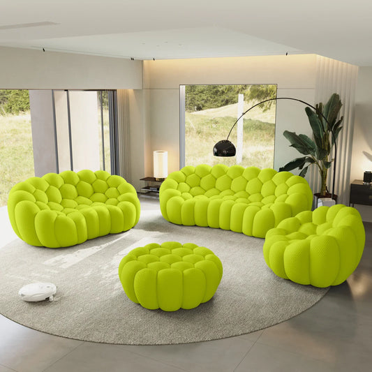 Canapé 3 Places + 2 Places + Fauteuil + Ottoman – Vert Citron