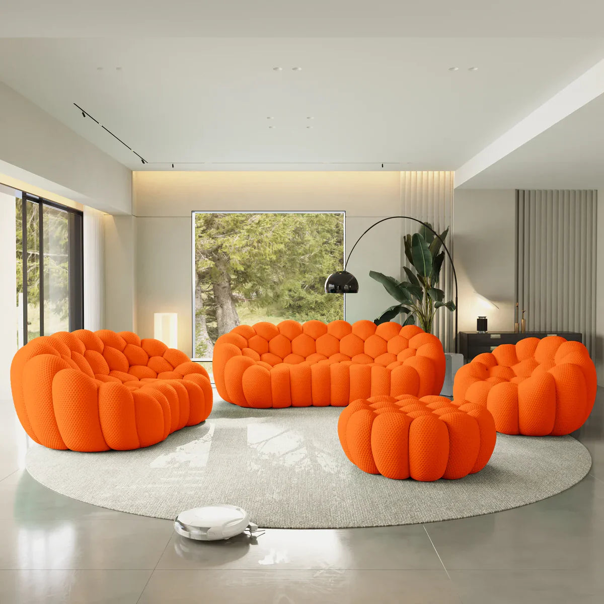 Canapé 3 Places + 2 Places + Fauteuil + Ottoman – Orange