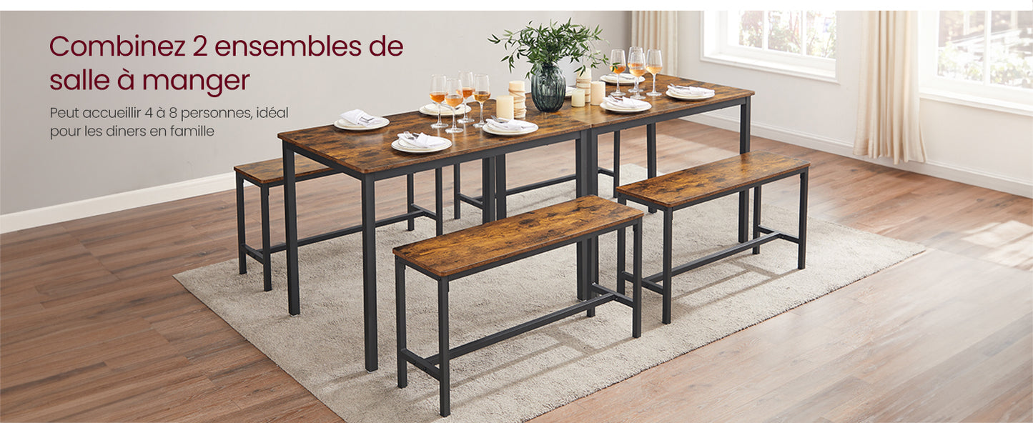 Ensemble Table à Manger 3 Pièces – Table 70 x 110 x 75 cm + 2 Bancs 30 x 97 x 50 cm