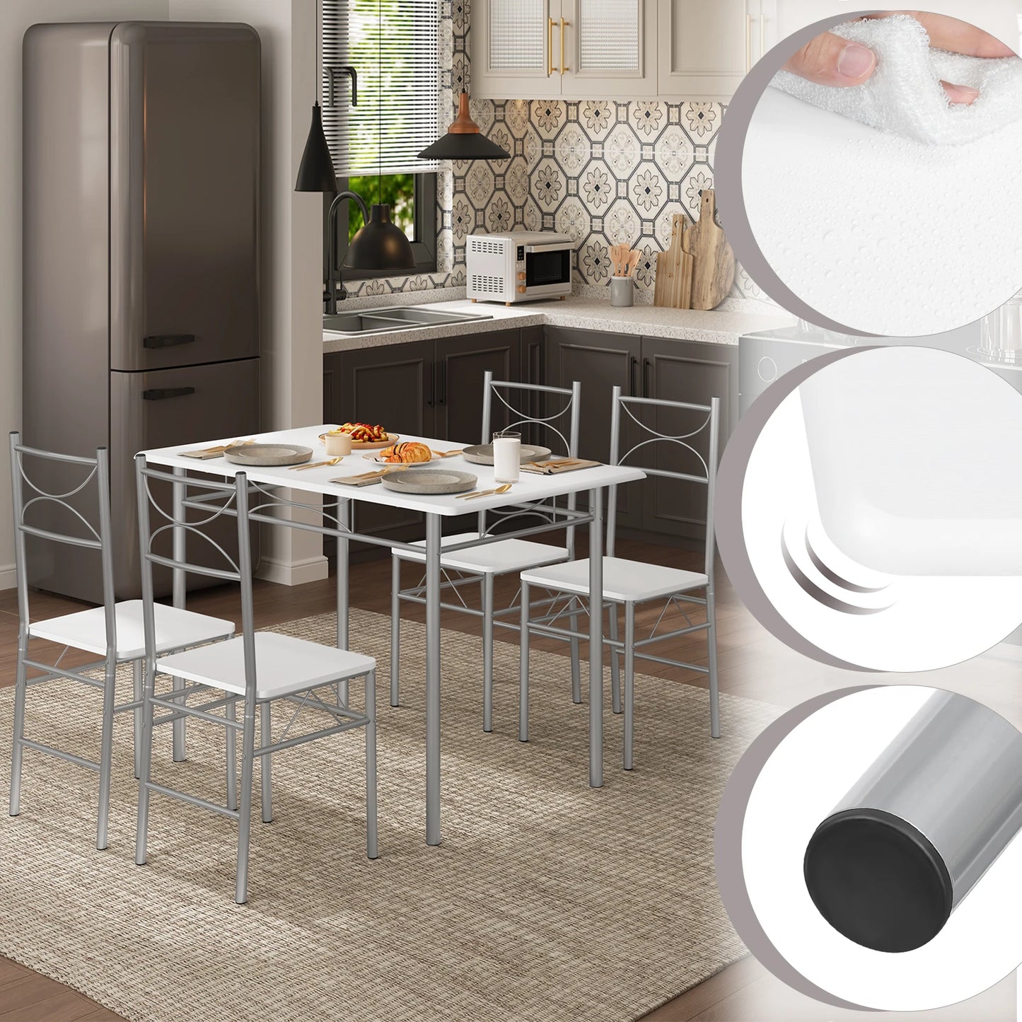 Table rectangulaire avec 4 chaises, structure métal, cuisine et salle à manger