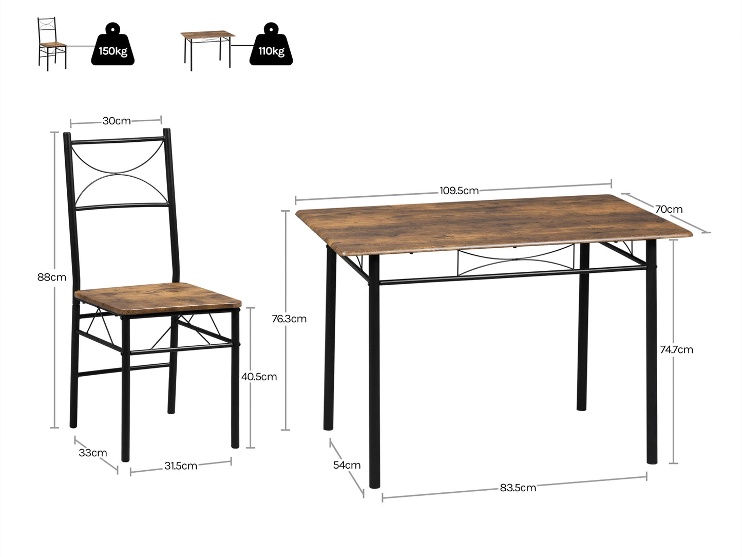 Table rectangulaire avec 4 chaises, structure métal, cuisine et salle à manger