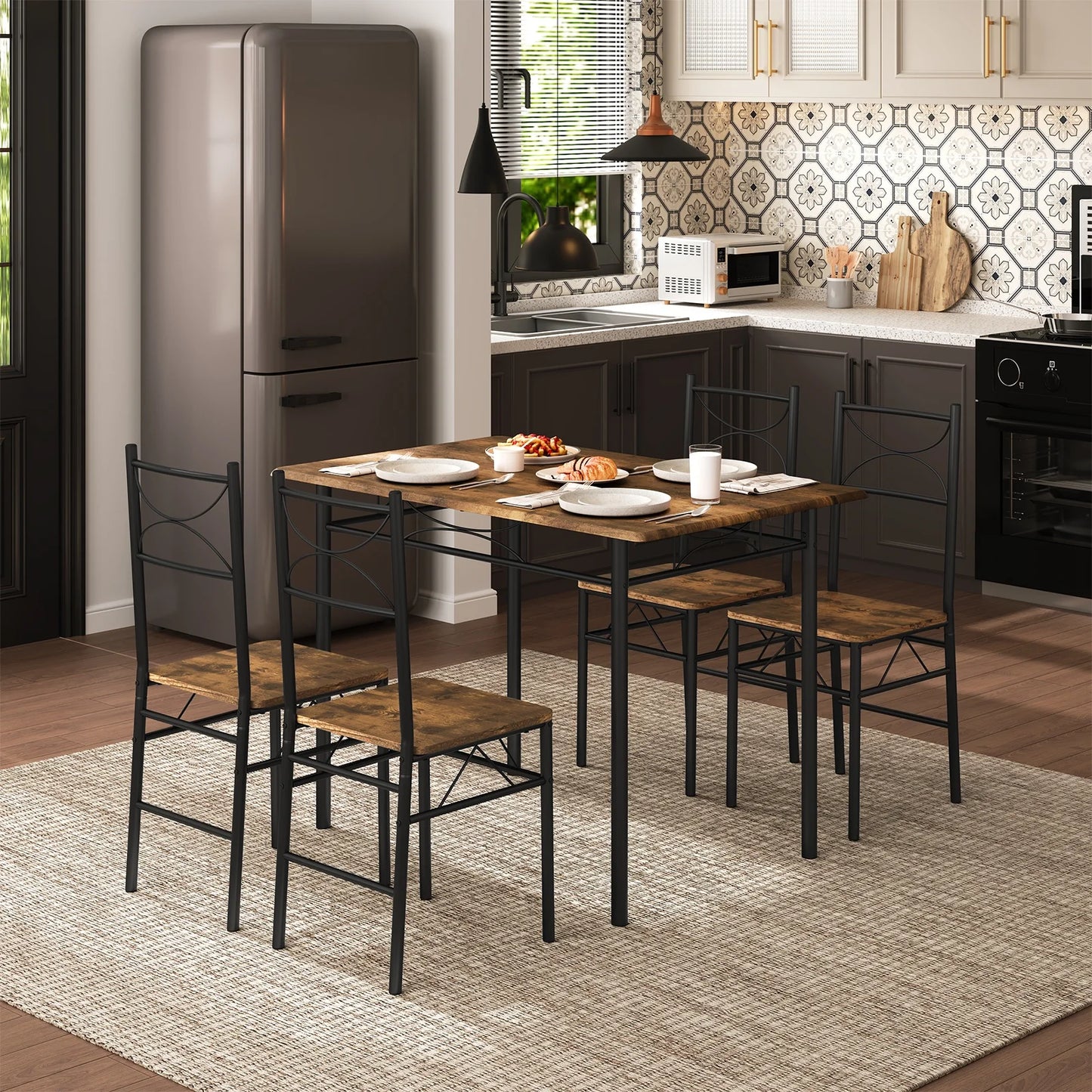 Table rectangulaire avec 4 chaises, structure métal, cuisine et salle à manger