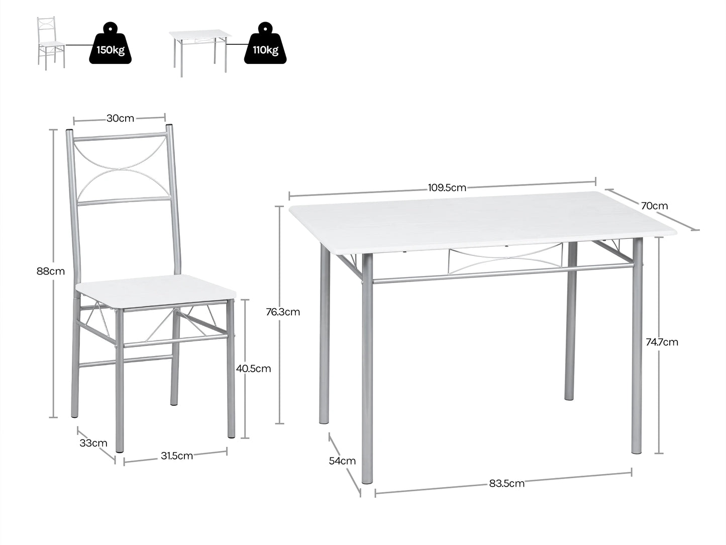 Table rectangulaire avec 4 chaises, structure métal, cuisine et salle à manger