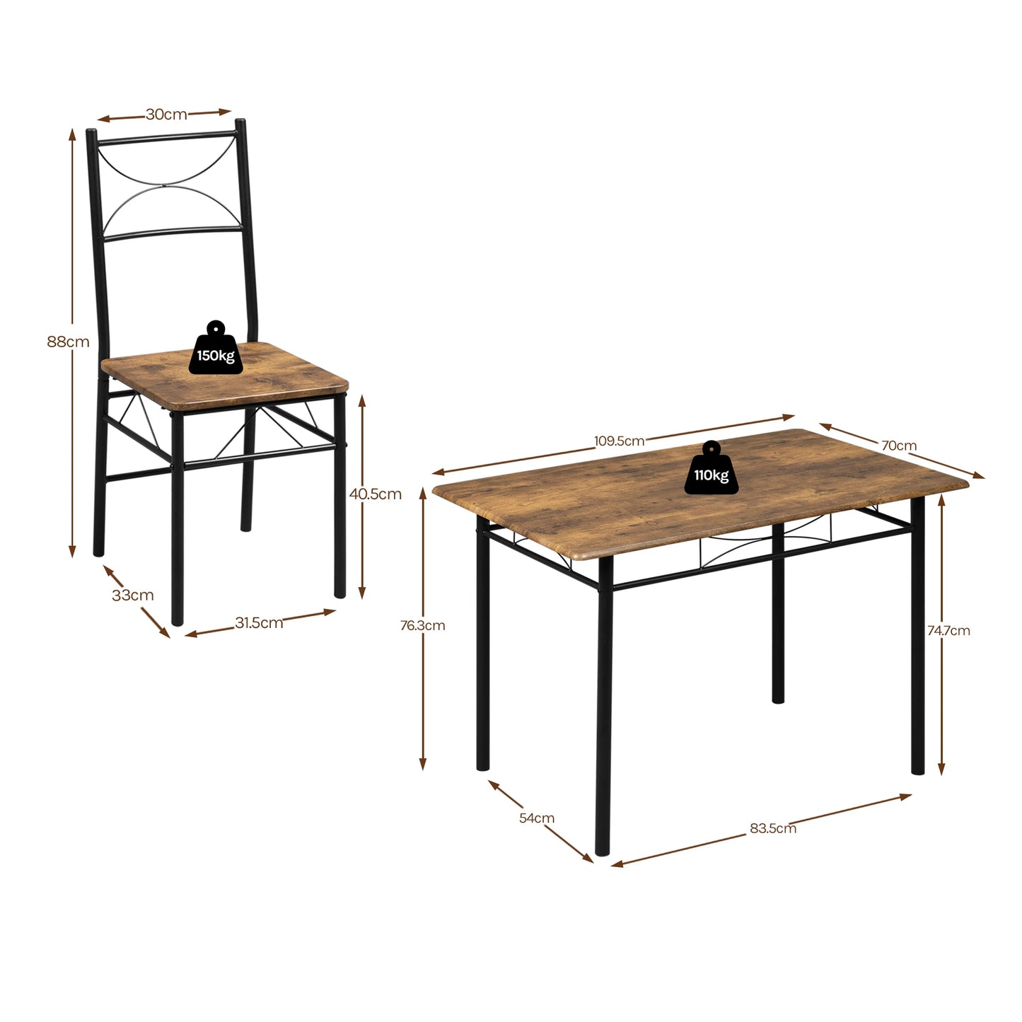 Table rectangulaire avec 4 chaises, structure métal, cuisine et salle à manger