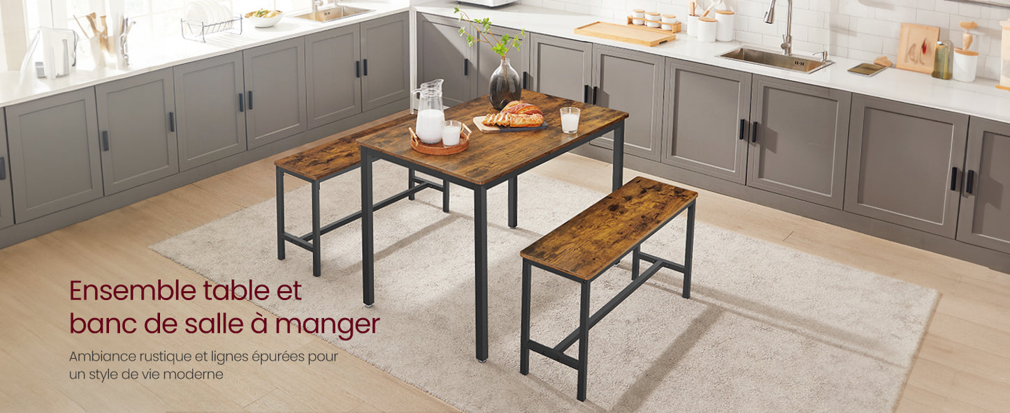 Ensemble Table à Manger 3 Pièces – Table 70 x 110 x 75 cm + 2 Bancs 30 x 97 x 50 cm